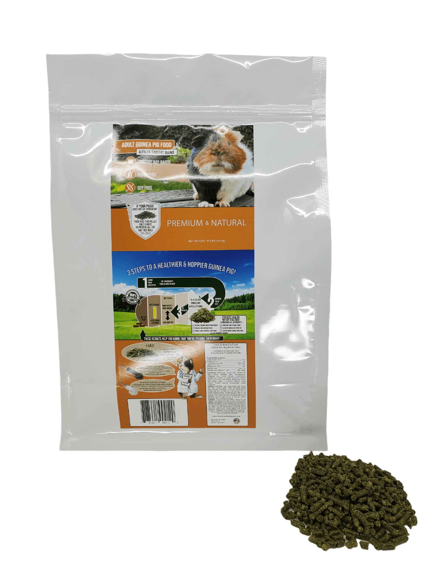 Adult guinea pig alfalfa and timothy blend, with a picture of a guinea pig. With information about the product being Premium and Natural