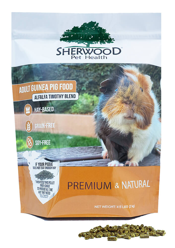 A package of Sherwood brand premium natural adult guinea pig food, showing a picture of a guinea pig on the front.