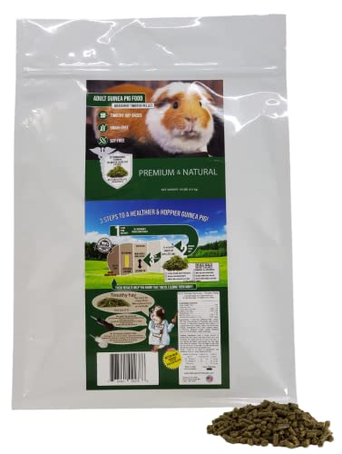 Adult Guinea Pig measured timothy pellet. With a picture of a guinea pig on the package