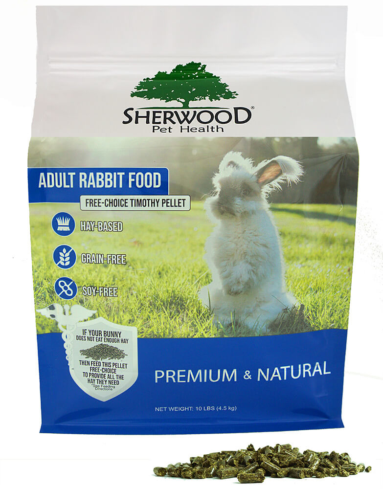 A bag of Sherwood brand Adult Rabbit Food, Premium & Natural, with an image of a white rabbit on the front.