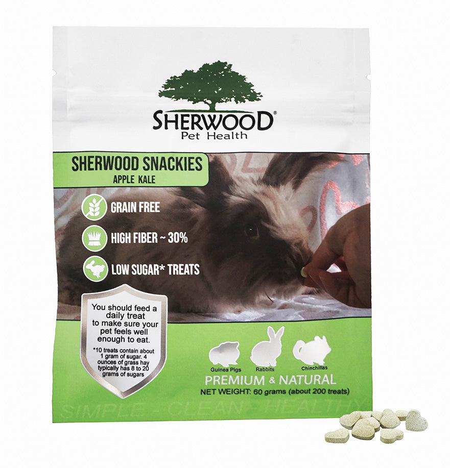 Sherwood Pet Health Apple Kale Snackies package with a rabbit on a white background
