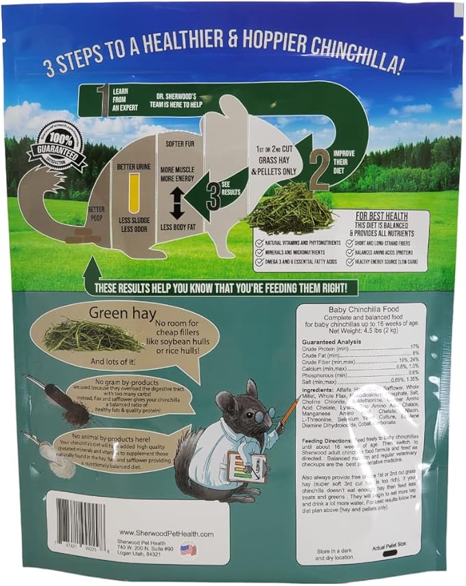 Back of Baby chinchilla package showing steps to improve their health and showing ingredients