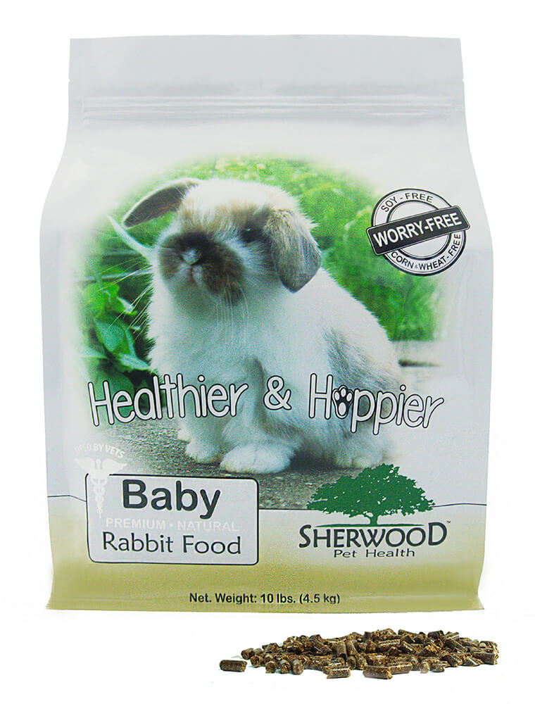 A bag of Sherwood brand baby rabbit food with an image of a baby rabbit on the front.