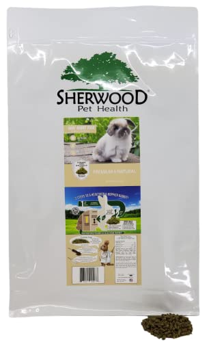 A package of baby rabbit food from Sherwood Pet Health. With a small white rabbit on the front