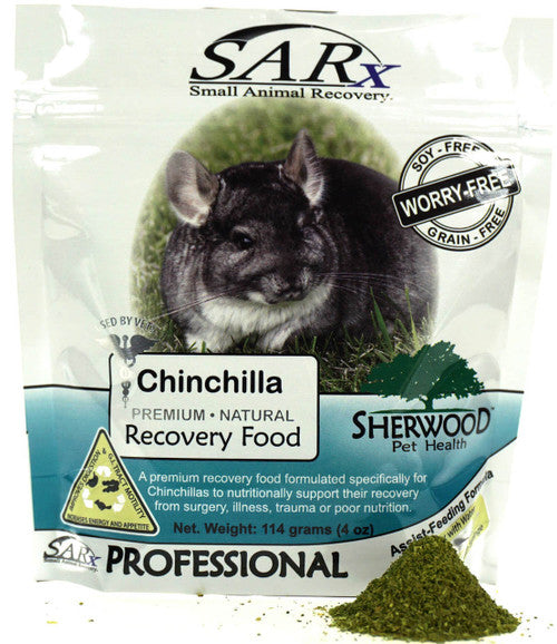 Packaging of SARx Chinchilla premium natural recovery food with an image of a chinchilla on the front, indicating it is designed for small animal recovery.