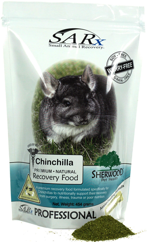 A package of SARx Chinchilla premium natural recovery food with an image of a chinchilla on the front.