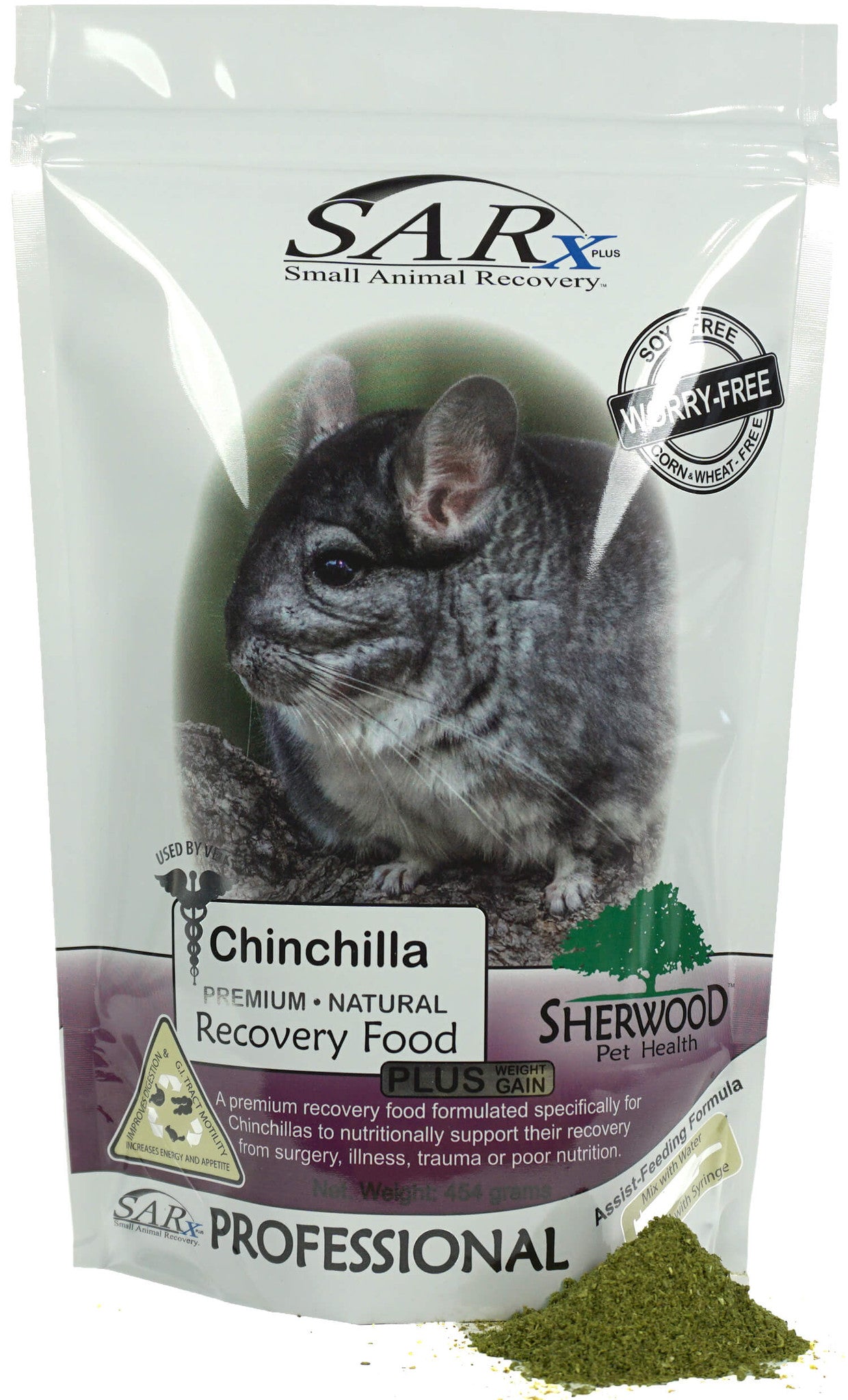 A package of SARx PLUS Chinchilla premium natural recovery food with an image of a chinchilla on the front.