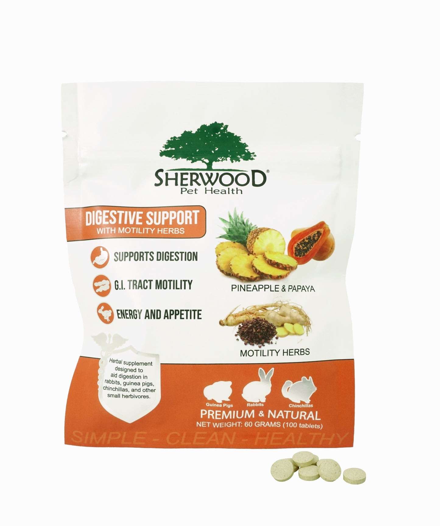 Sherwood Pet Health Digestive Support package with tablets, highlighting digestive benefits for small herbivores with pineapple, papaya, and herbs.