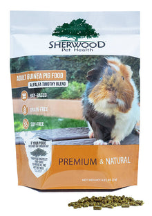 A package of Sherwood brand premium natural adult guinea pig food, showing a picture of a guinea pig on the front. 