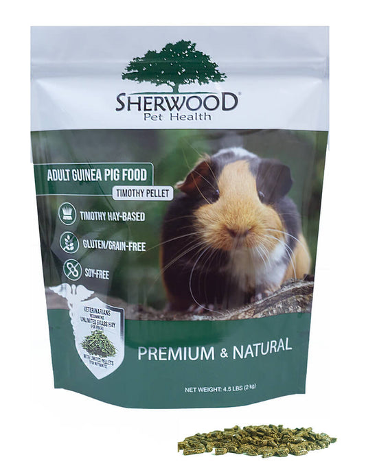 A package of Sherwood brand premium timothy pellets for adult guinea pigs. The package features an image of a guinea pig and pellets, and includes text detailing the product is grain-free, soy-free, and contains natural ingredients.