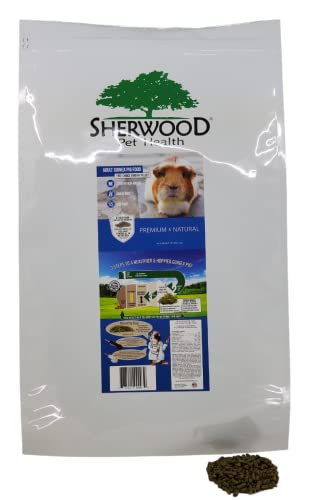 A package of Sheerwood brand adult guinea pig food, featuring a picture of a guinea pig 