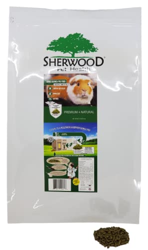 A package of Sherwood Pet Health Adult guinea pig measured timothy pellets. With a picture of a guinea pig on the package
