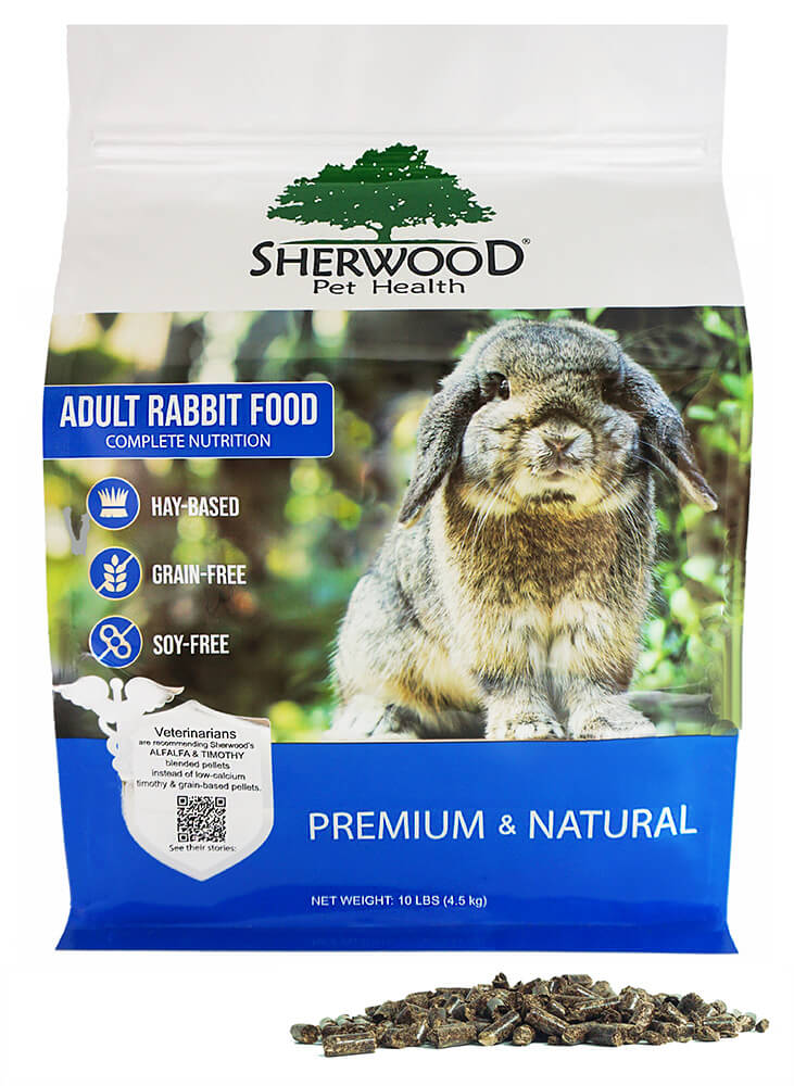 A bag of Sherwood brand adult rabbit food featuring an image of a rabbit, indicating that the food is hay-based pellets designed for adult rabbits.