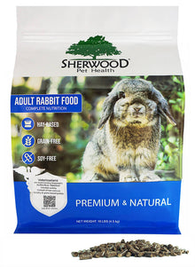 A bag of Sherwood brand adult rabbit food featuring an image of a rabbit, indicating that the food is hay-based pellets designed for adult rabbits.