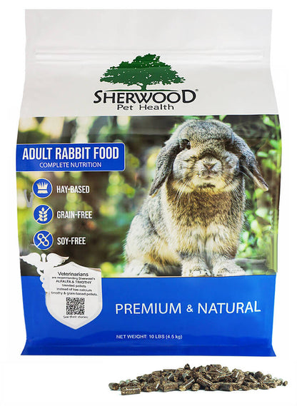 A bag of Sherwood brand adult rabbit food featuring an image of a rabbit, indicating that the food is hay-based pellets designed for adult rabbits.
