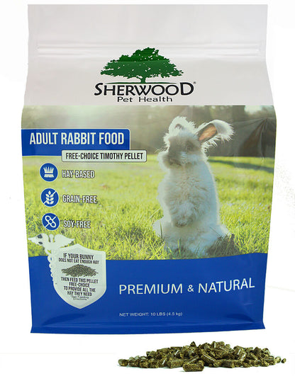A bag of Sherwood brand Adult Rabbit Food, Premium & Natural, with an image of a white rabbit on the front.