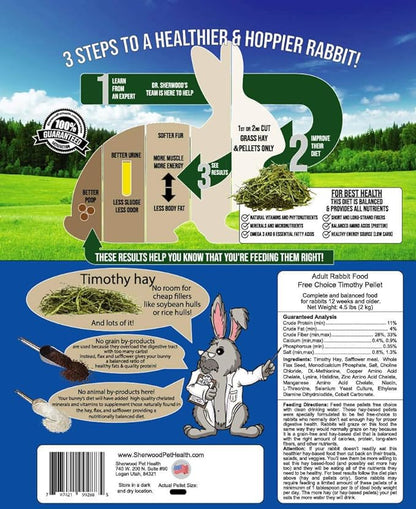 Showing steps for a healthier and hoppier rabbit. showing Adult rabbit free-choice timothy pellet ingredients 