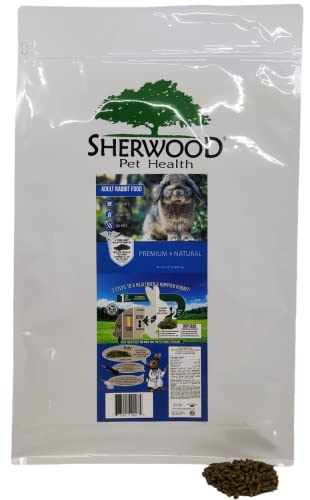 A bag of adult rabbit food blended alfalfa and timothy pellet. with picture of rabbit on front indicating Premium and natural ingredients 