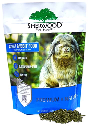 A bag of Sheerwood Adult Rabbit Food with a picture of a rabbit on the front, highlighting the grain-free and soy-free aspects of the product.