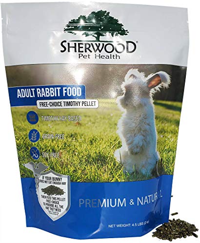 A bag of Sherwood Adult Rabbit Free-Choice Timothy Pellet Food featuring an image of a white rabbit grazing on grass, with product details and branding visible.