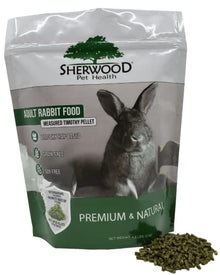 Bag of Sherwood Pet Health adult rabbit food featuring an image of a rabbit and the product name.