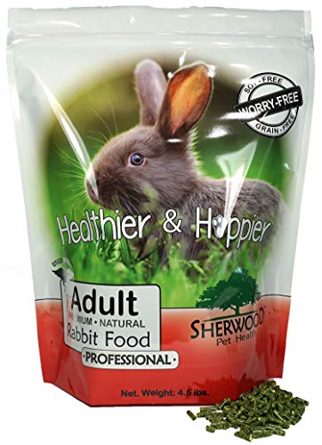 A package of Adult Rabbit Food by Sherwood, which is a professional grade alfalfa-based pellet. The package has a picture of a rabbit on the front.