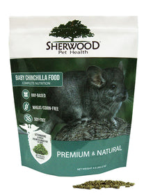 A package of Sherwood brand baby chinchilla food with an image of a chinchilla on the front. The product is labeled as premium and natural, grain-based, wheat-free, and corn-free.