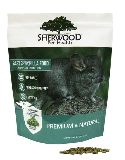 A package of Sherwood brand baby chinchilla food with an image of a chinchilla on the front. The product is labeled as premium and natural, grain-based, wheat-free, and corn-free.