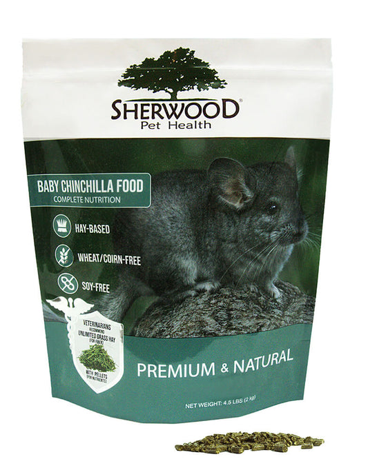 A package of Sherwood brand baby chinchilla food with an image of a chinchilla on the front. The product is labeled as premium and natural, grain-based, wheat-free, and corn-free.