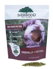 A package of Baby guinea pig food, with a picture of a guinea pig on the packaging 