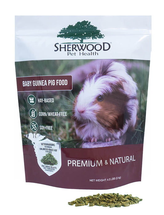 A package of Baby guinea pig food, with a picture of a guinea pig on the packaging 