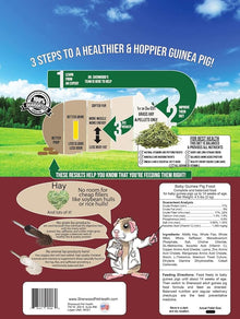 Back of baby guinea pig showing steps for a healthier and hoppier guinea pig. Showing the ingredients 