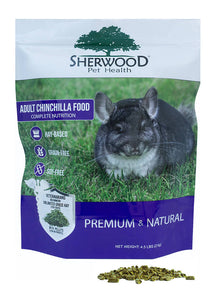 A bag of Sherwood brand adult chinchilla food with an image of a chinchilla on the front, indicating the product is premium and natural.