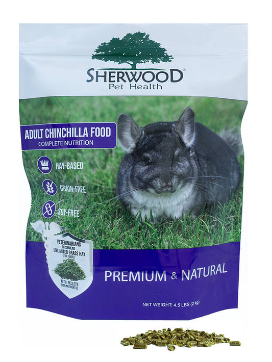 A bag of Sherwood brand adult chinchilla food with an image of a chinchilla on the front, indicating the product is premium and natural.