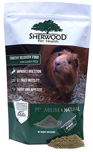 A package of Sherwood brand premium and natural recovery food for guinea pigs, showing the product name, an image of a guinea pig, and some of the recovery food
