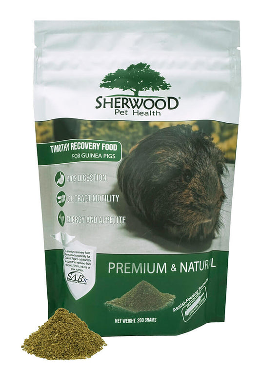 A package of Sherwood brand premium and natural recovery food for guinea pigs, showing the product name, an image of a guinea pig, and some granular food.