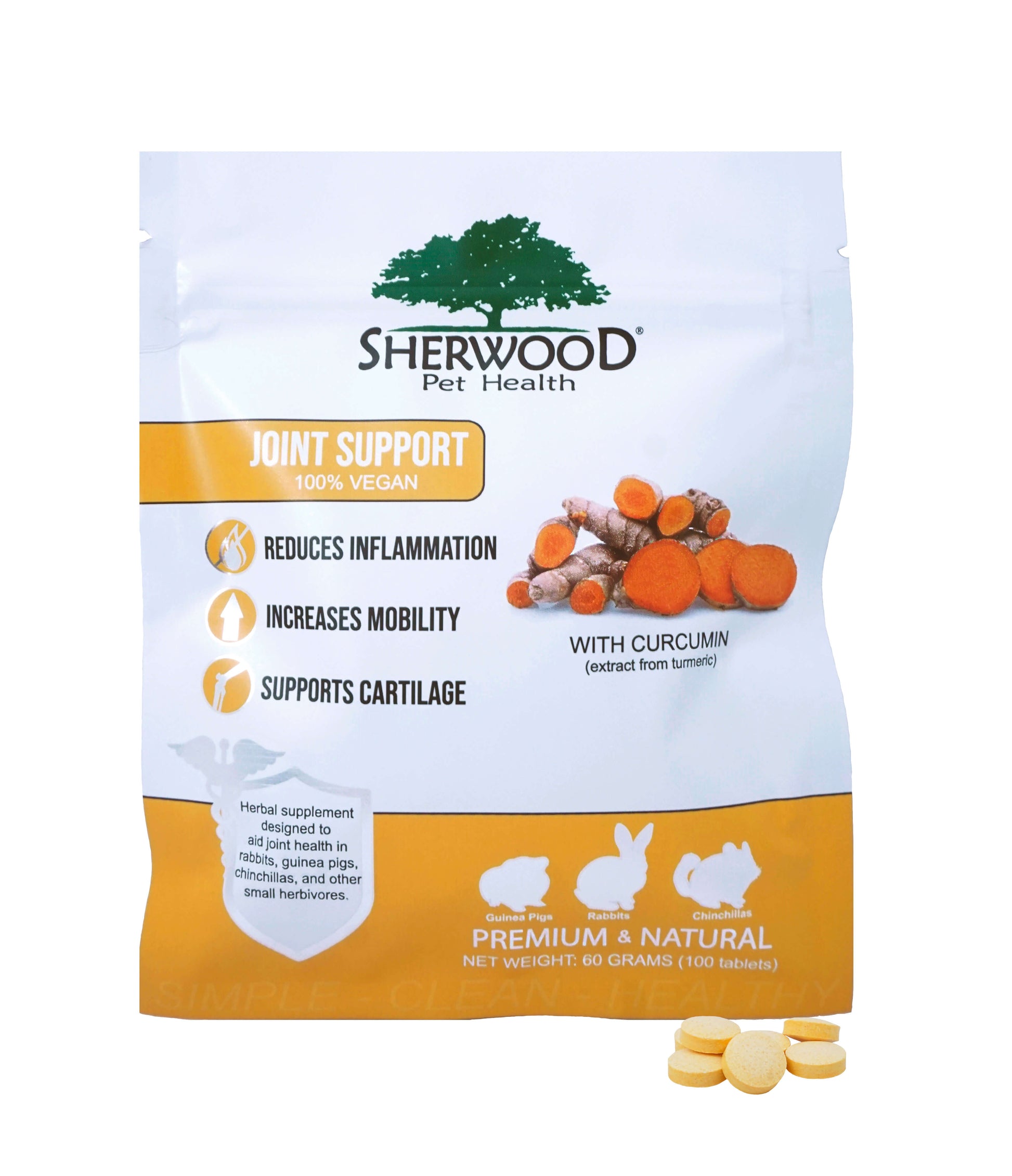 A package of Sherwood joint support supplement for pets, with visuals of the supplement tablets and text highlighting benefits such as reducing inflammation and increasing mobility.