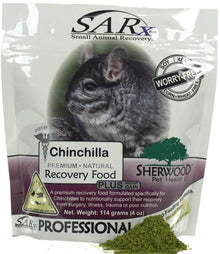 A package of SARx PLUS Chinchilla premium natural recovery food with an image of a chinchilla on the front.