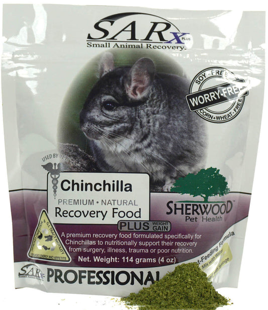 A package of SARx PLUS Chinchilla premium natural recovery food with an image of a chinchilla on the front.