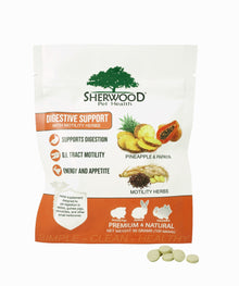 Sherwood Pet Health Digestive Support package with tablets, highlighting digestive benefits for small herbivores with pineapple, papaya, and herbs.