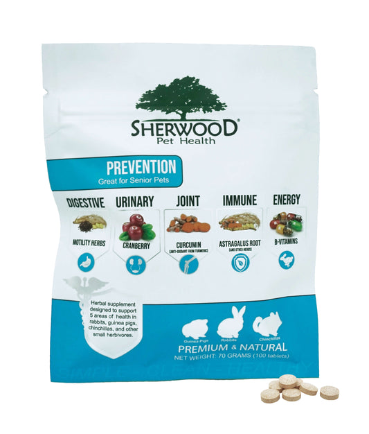 Sherwood Pet Health Prevention package, supporting five health areas with herbs, vitamins, and tablets shown in front.