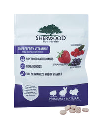 Packaging of Sherwood Tripleberry Vitamin C Tablet with images of a blueberry, strawberry, and goji berry, and the tablets themselves are displayed in front.