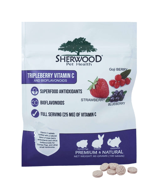 Packaging of Sherwood Tripleberry Vitamin C Tablet with images of a blueberry, strawberry, and goji berry, and the tablets themselves are displayed in front.